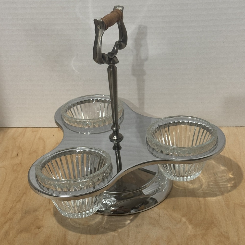 Vintage Kromex Chrome Serving Tray 3 Clear Glass Bowls Dip Condiments Removable - Picture 2 of 10